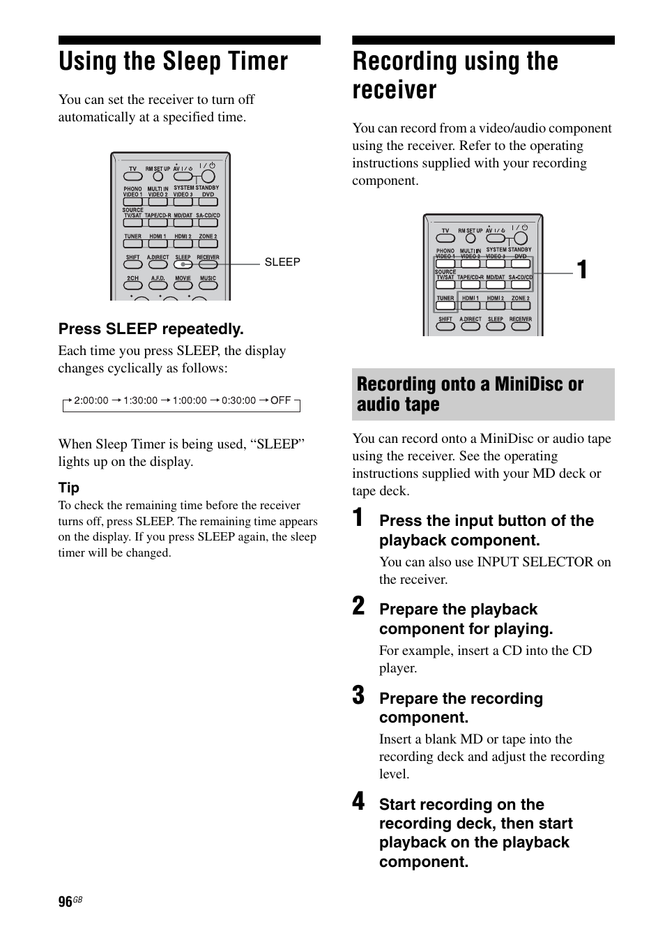 Using the sleep timer, Recording using the receiver, Using the sleep timer recording using the receiver | E 96 | Sony STR-DG1000 User Manual | Page 96 / 123