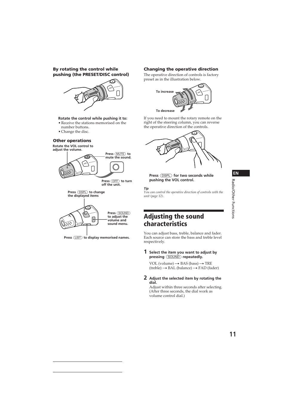 Adjusting the sound characteristics | Sony CDX-C910 User Manual | Page 11 / 62