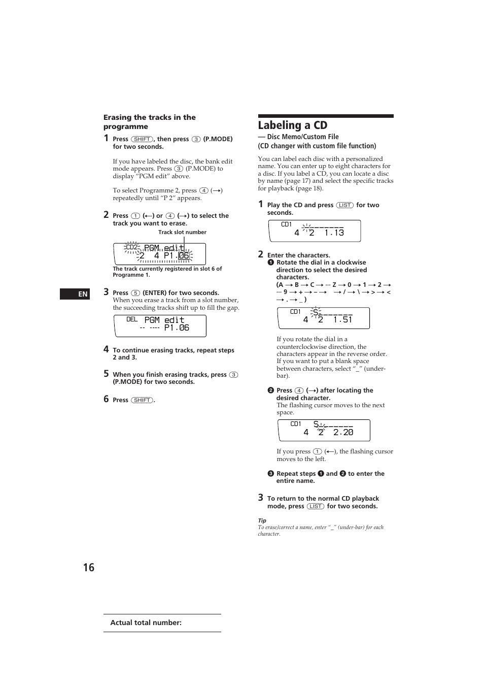 Labeling a cd, Pgm edit p1.‚6, Pgm edit 2 4 p1.‚6 | S 2 1.51, S 2 2.2 | Sony CDX-C910 User Manual | Page 16 / 62