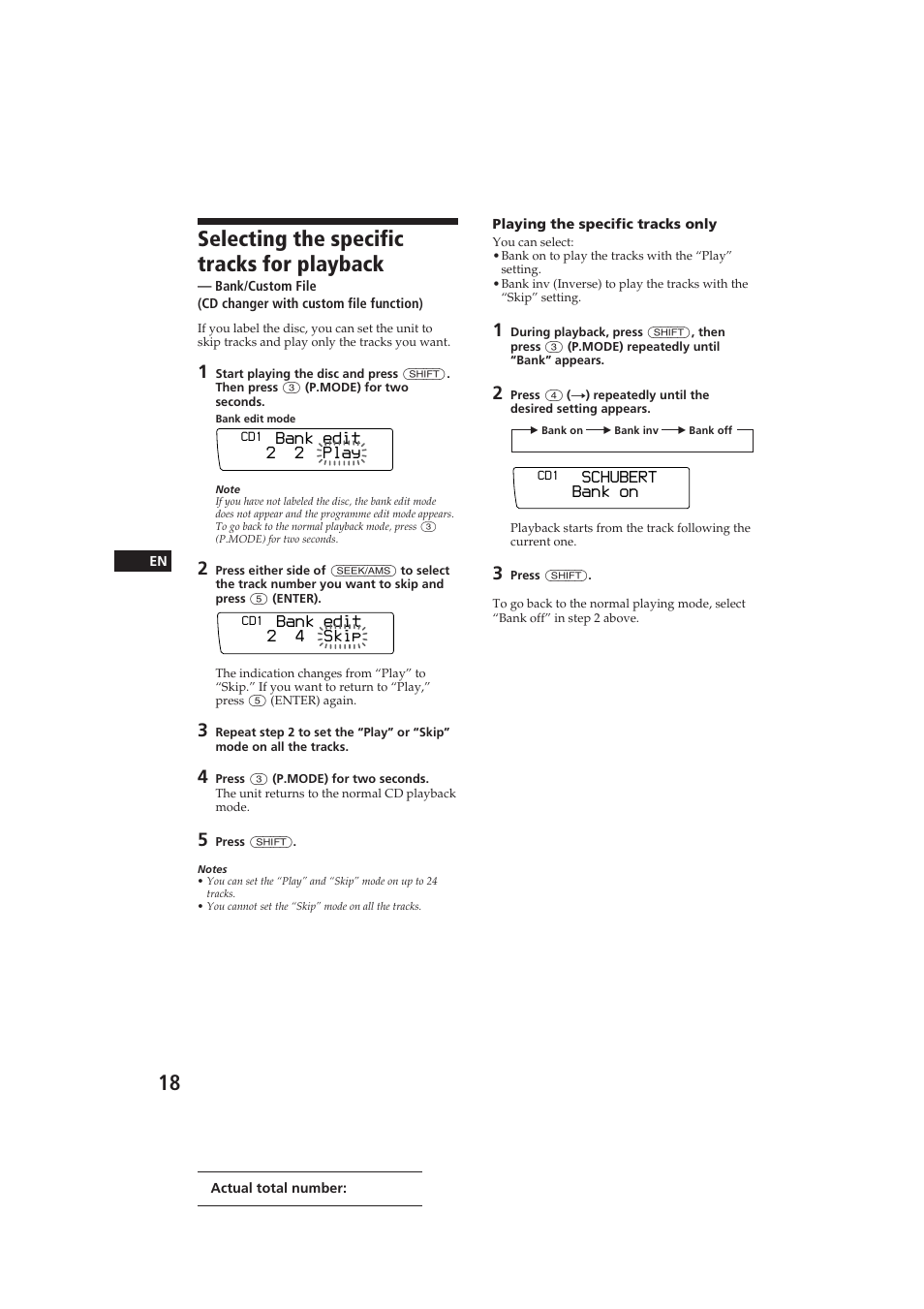 Selecting the specific tracks for playback, Schubert bank on, Bank edit 2 2 play | Bank edit 2 4 skip | Sony CDX-C910 User Manual | Page 18 / 62