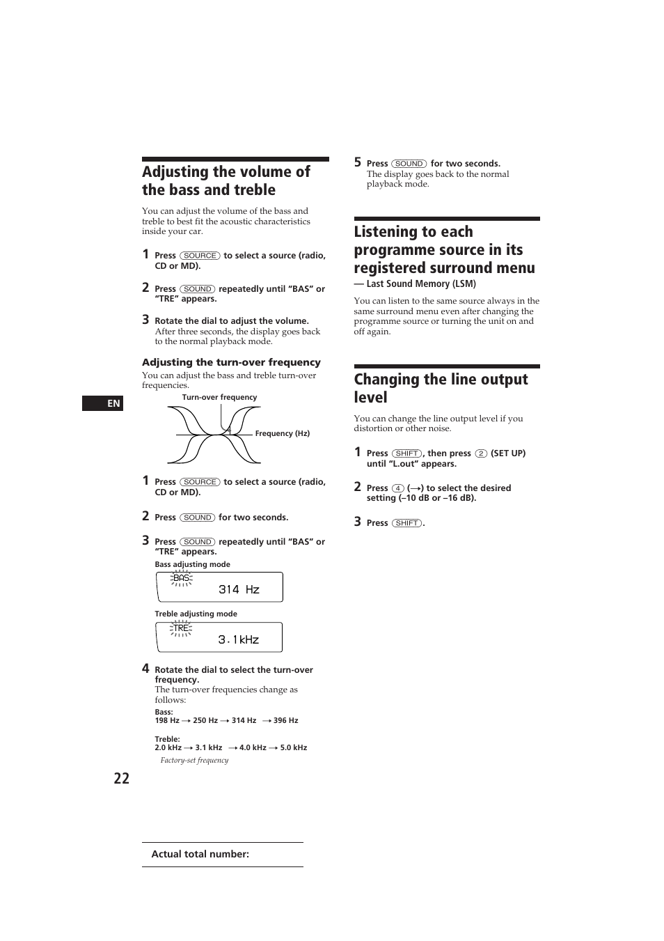 Adjusting the volume of the bass and treble, Changing the line output level | Sony CDX-C910 User Manual | Page 22 / 62