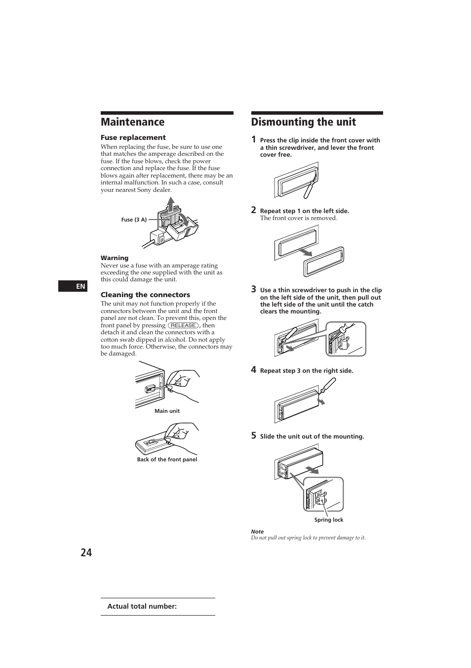 Maintenance, Dismounting the unit | Sony CDX-C910 User Manual | Page 24 / 62