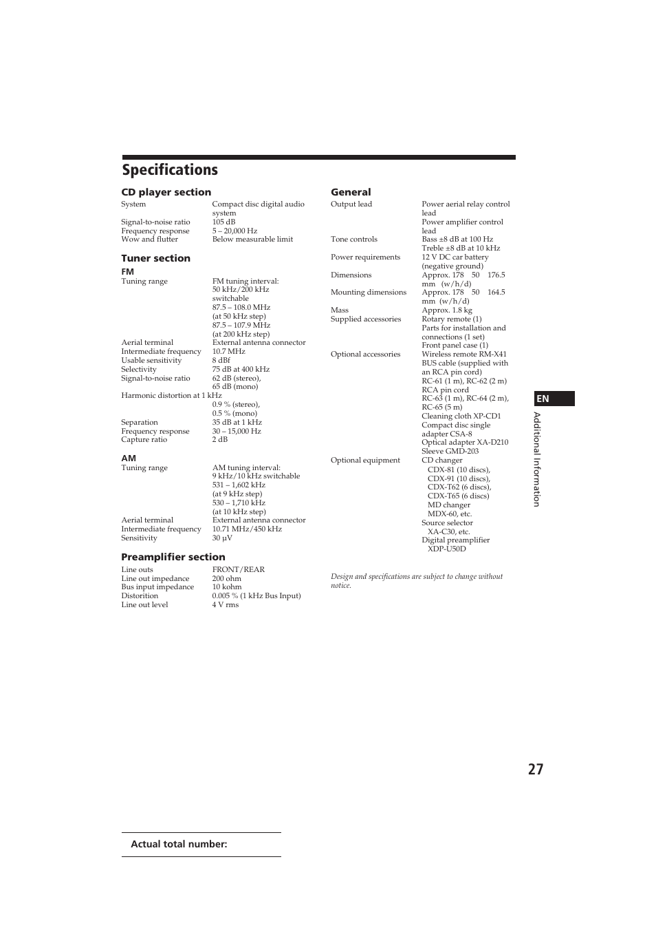 Specifications | Sony CDX-C910 User Manual | Page 27 / 62