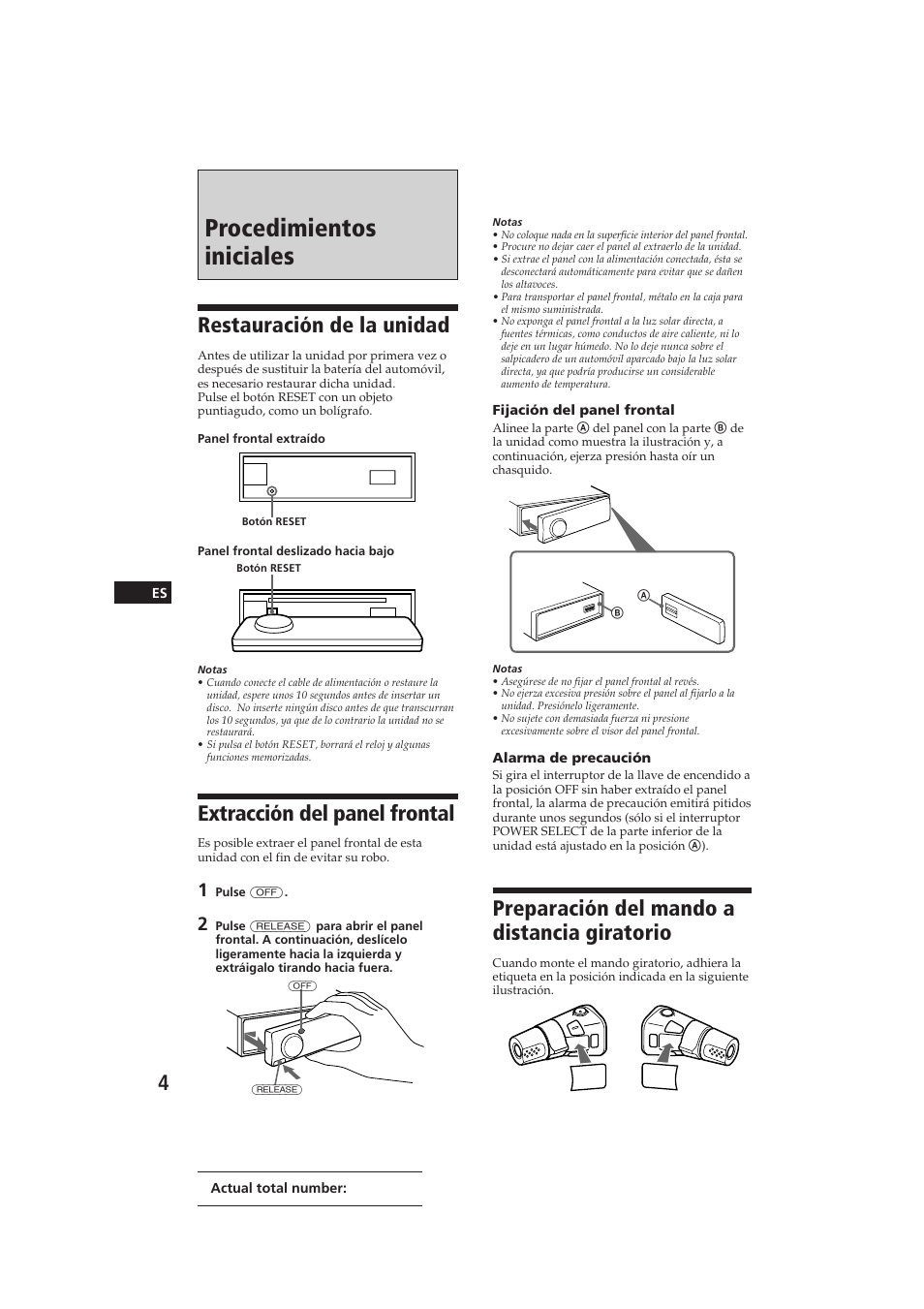 Procedimientos iniciales, Restauración de la unidad, Extracción del panel frontal | Preparación del mando a distancia giratorio | Sony CDX-C910 User Manual | Page 34 / 62