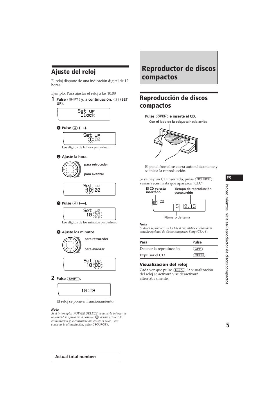 Reproductor de discos compactos, Ajuste del reloj, Reproducción de discos compactos | Set up clock, Set up 1, Set up 1‚:‚8 | Sony CDX-C910 User Manual | Page 35 / 62
