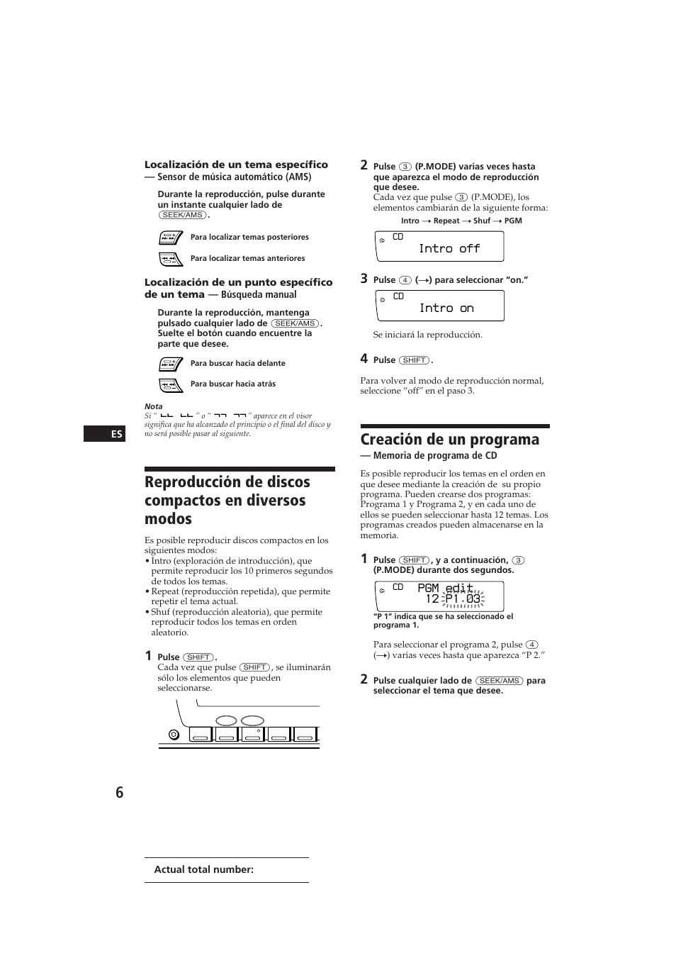 Reproducción de discos compactos en diversos modos, Creación de un programa, Intro off | Intro on, Pgm edit 12 p1.‚3 | Sony CDX-C910 User Manual | Page 36 / 62
