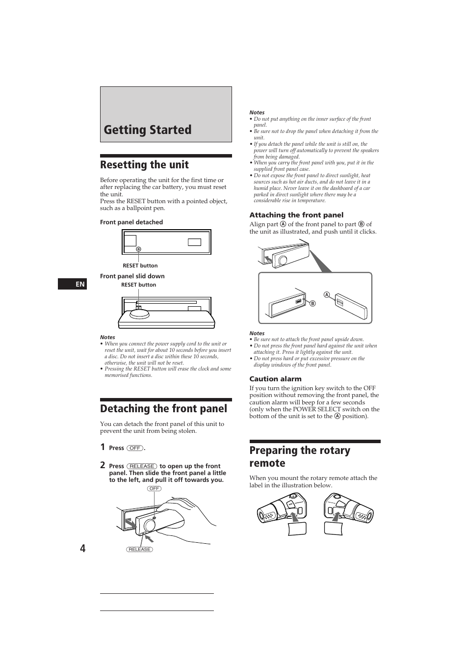 Getting started, Resetting the unit, Detaching the front panel | Preparing the rotary remote | Sony CDX-C910 User Manual | Page 4 / 62
