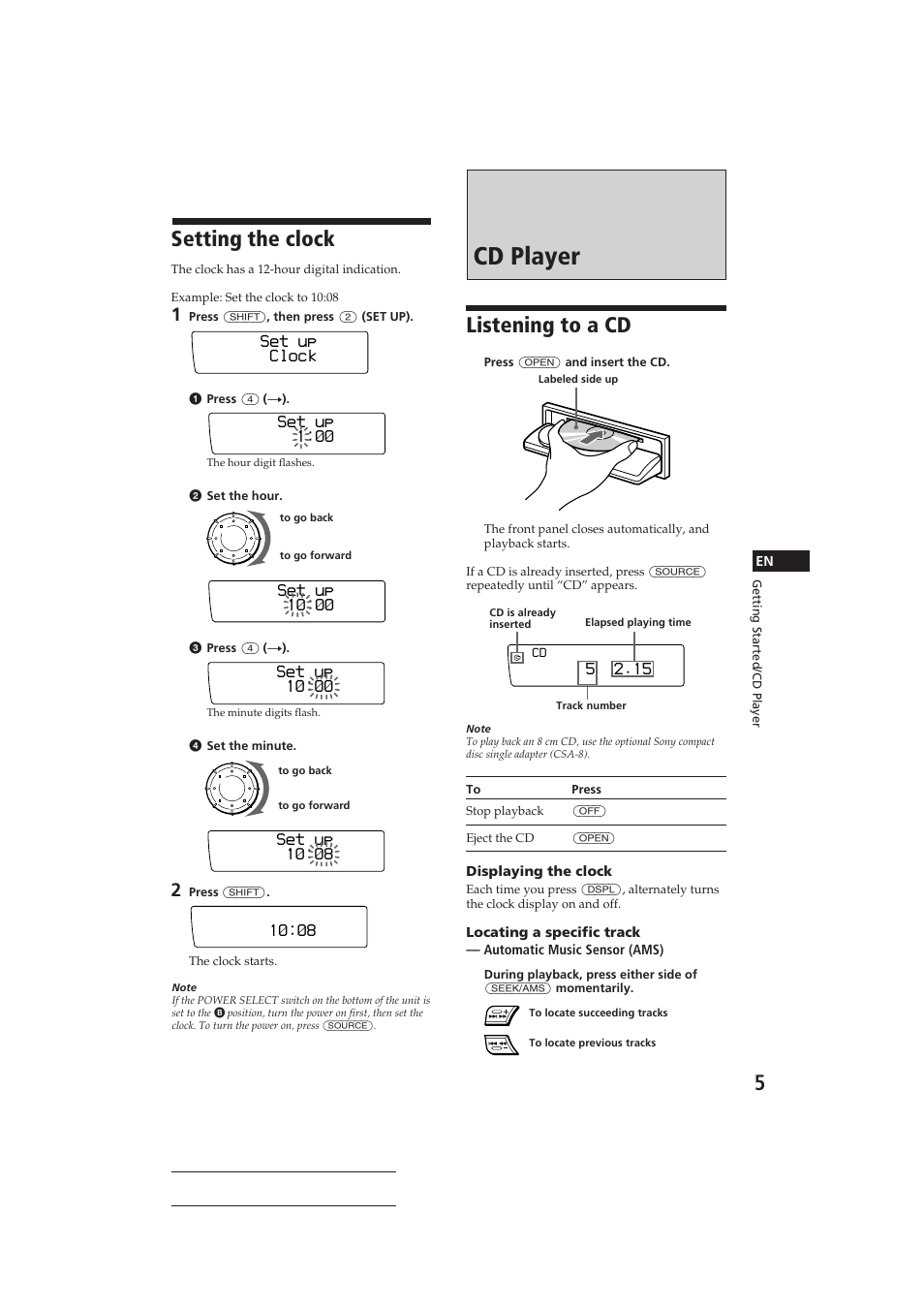 Cd player, Setting the clock, Listening to a cd | Set up clock, Set up 1, Set up 1‚:‚8 | Sony CDX-C910 User Manual | Page 5 / 62