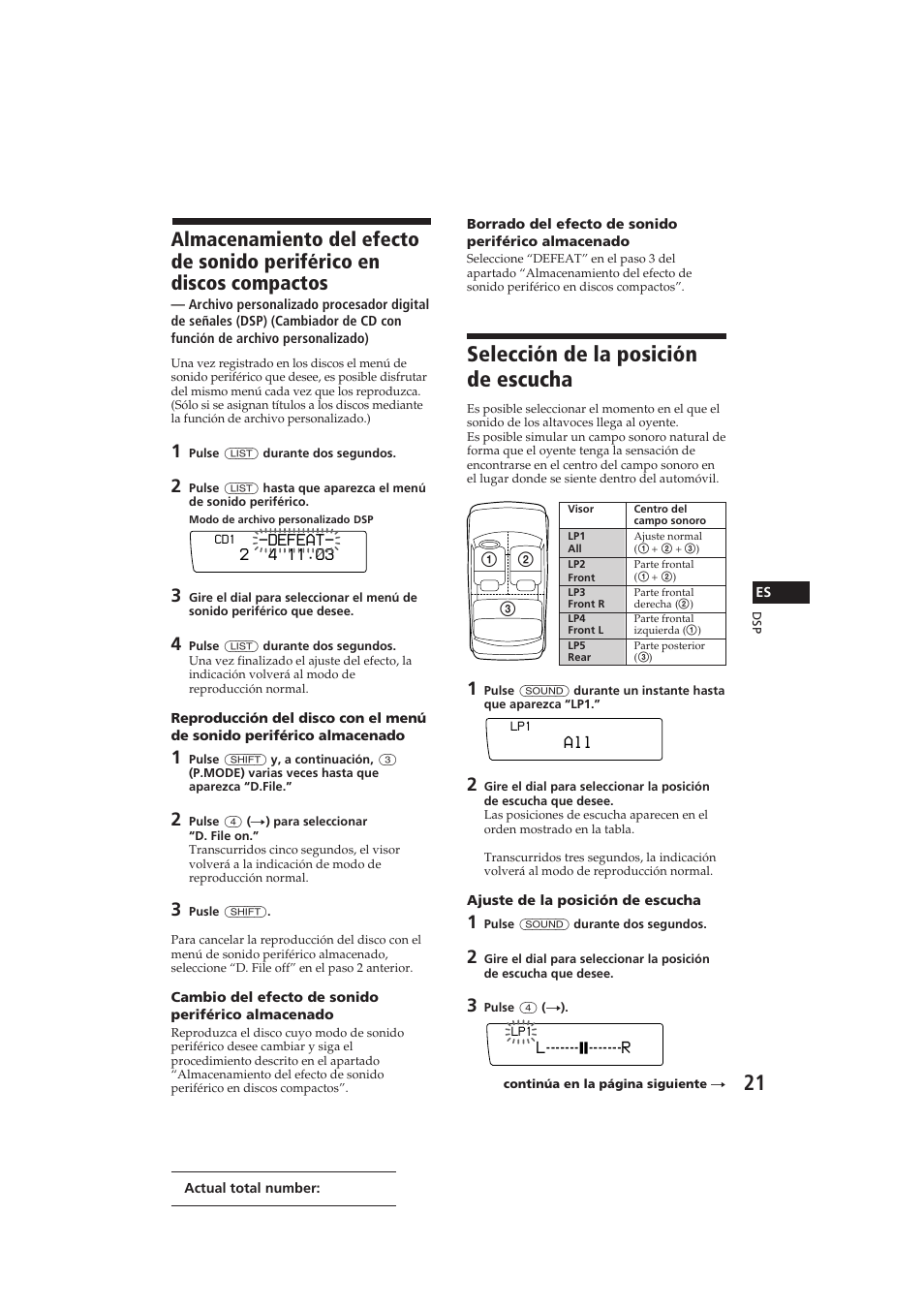 Selección de la posición de escucha | Sony CDX-C910 User Manual | Page 51 / 62