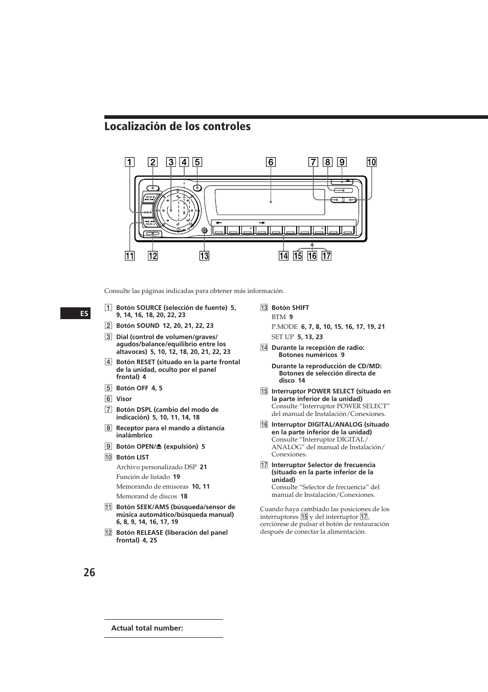 Localización de los controles, Actual total number: sony cdx-c910 (e | Sony CDX-C910 User Manual | Page 56 / 62