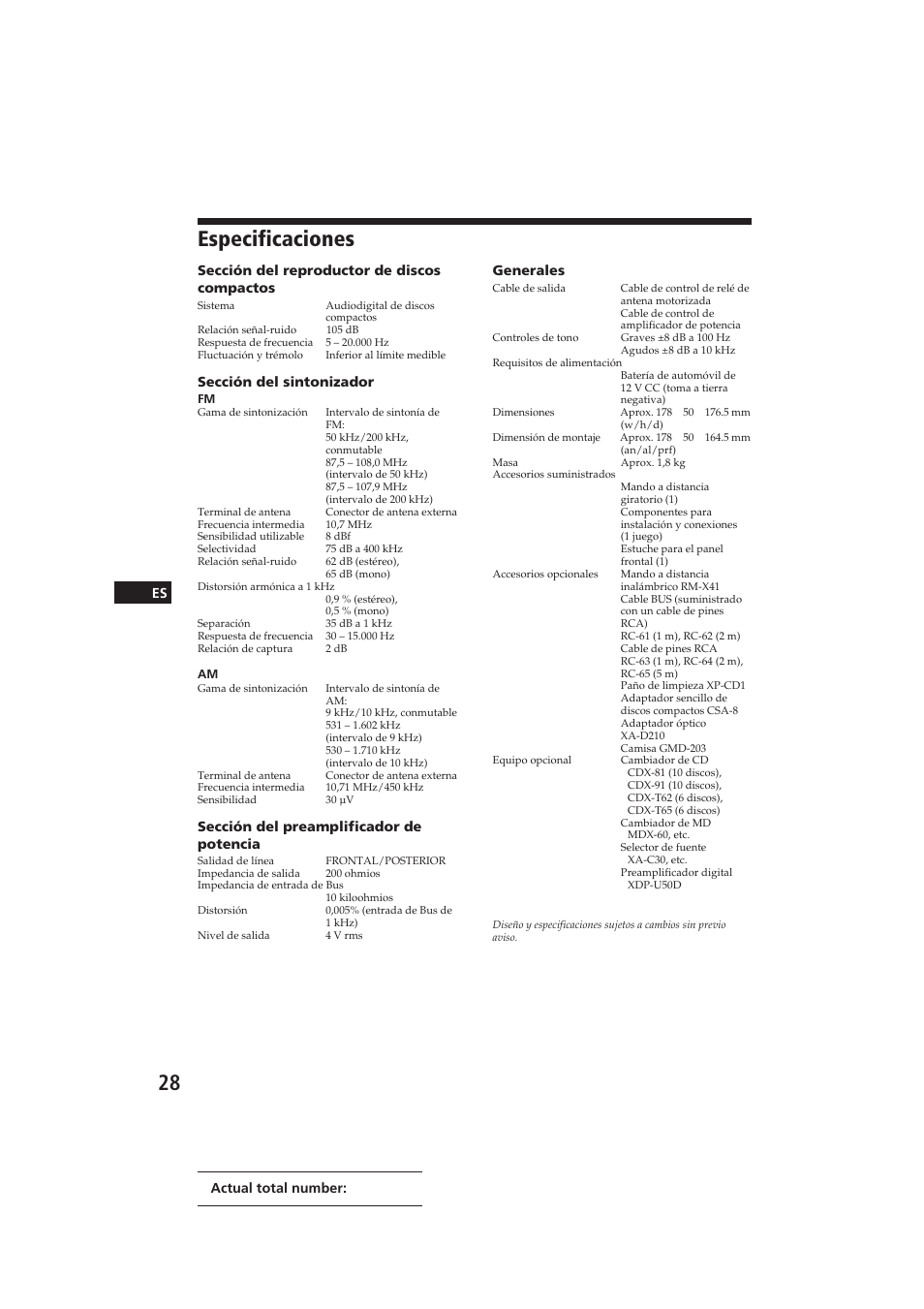 Especificaciones | Sony CDX-C910 User Manual | Page 58 / 62