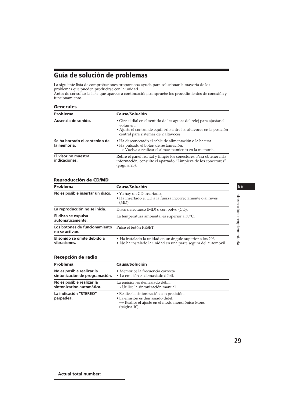 Guía de solución de problemas | Sony CDX-C910 User Manual | Page 59 / 62