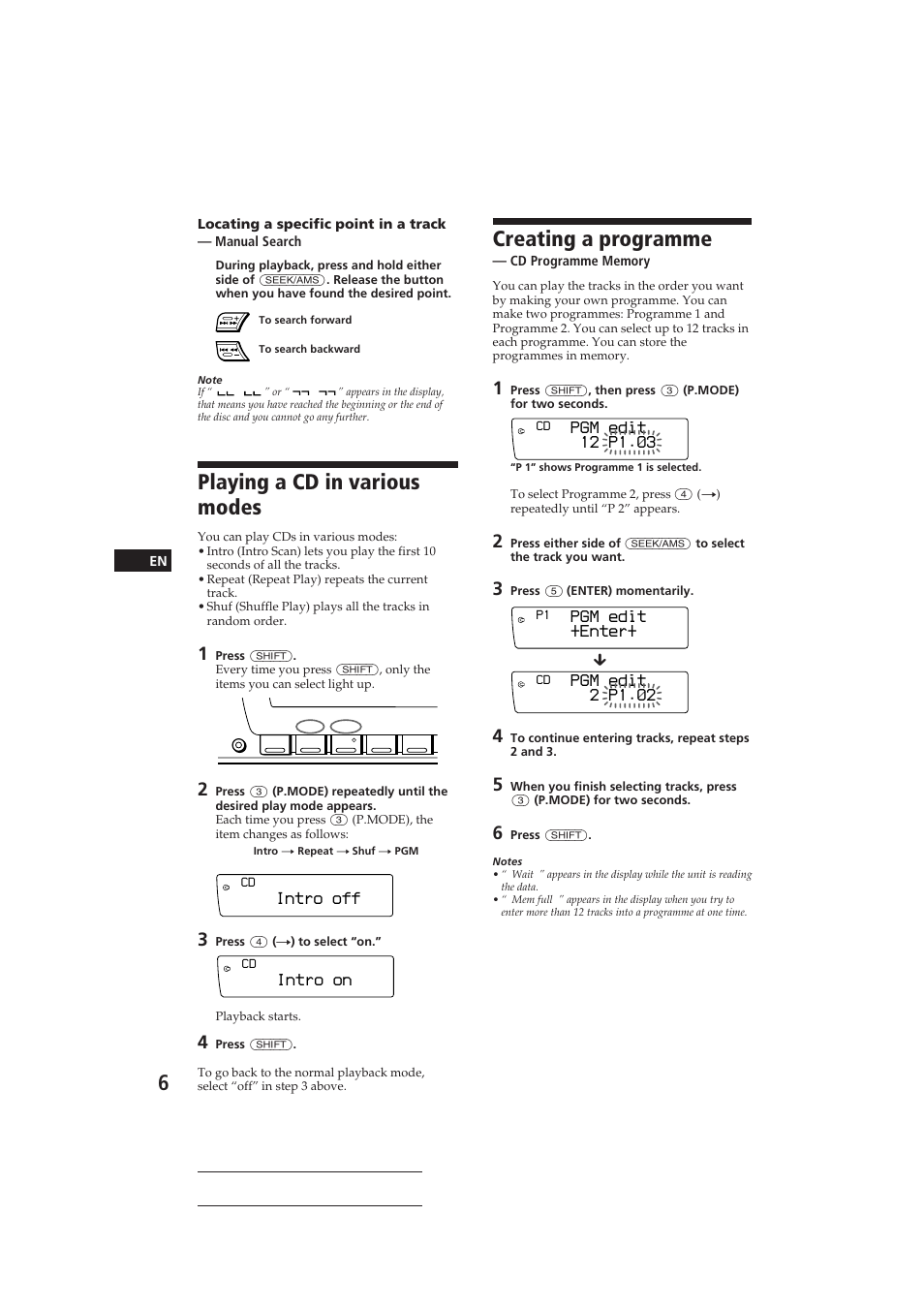 Playing a cd in various modes, Creating a programme, Intro off | Intro on, Pgm edit 12 p1.‚3, Pgm edit 2 p1.‚2, Pgm edit +enter | Sony CDX-C910 User Manual | Page 6 / 62