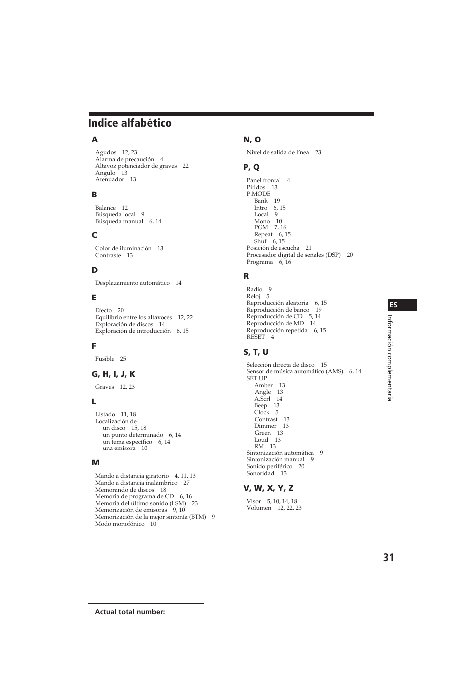 Indice alfabético | Sony CDX-C910 User Manual | Page 61 / 62