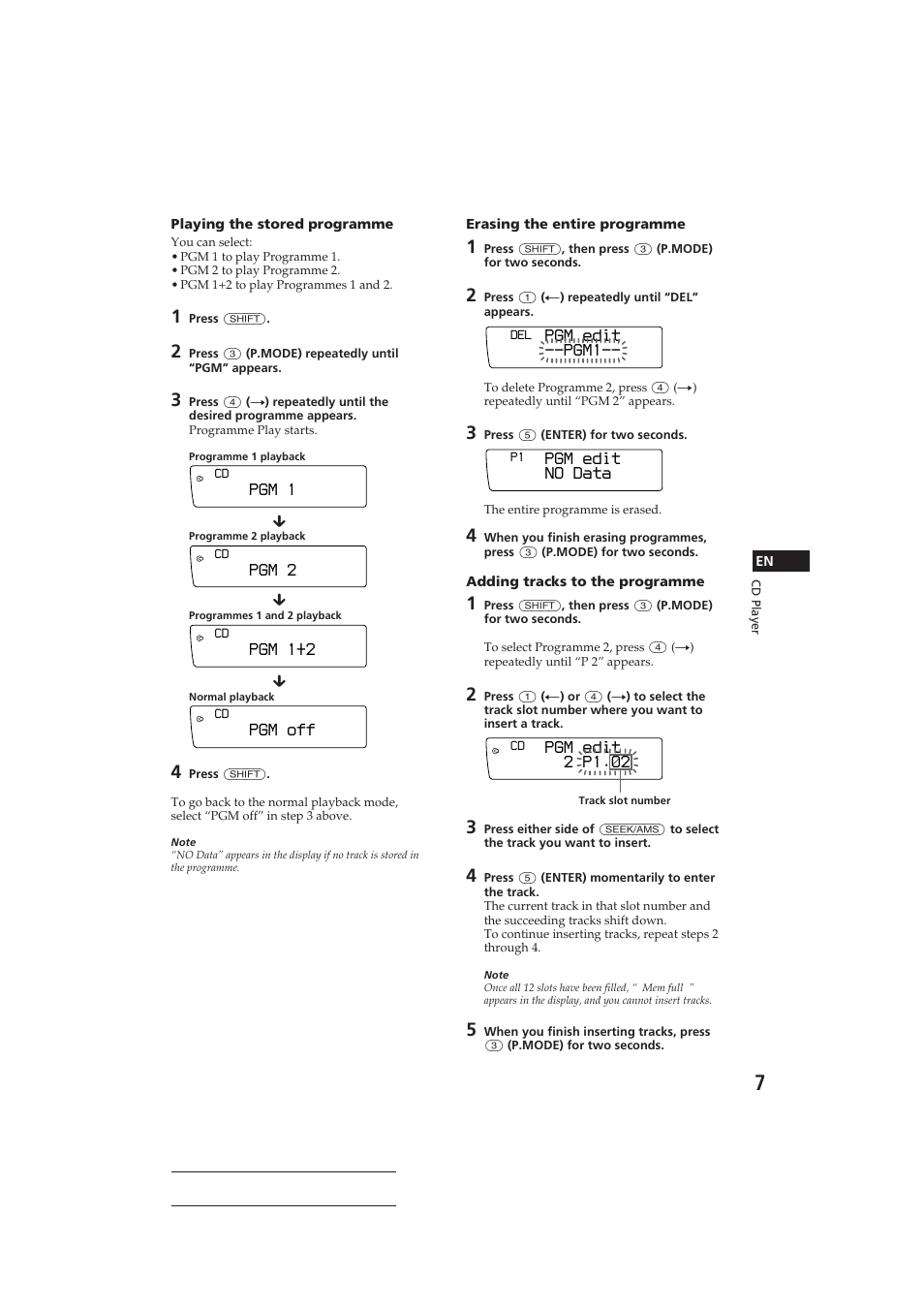 Pgm edit --pgm1, Pgm edit no data, Pgm edit 2 p1.‚2 | Pgm 1, Pgm 2, Pgm 1+2, Pgm off | Sony CDX-C910 User Manual | Page 7 / 62