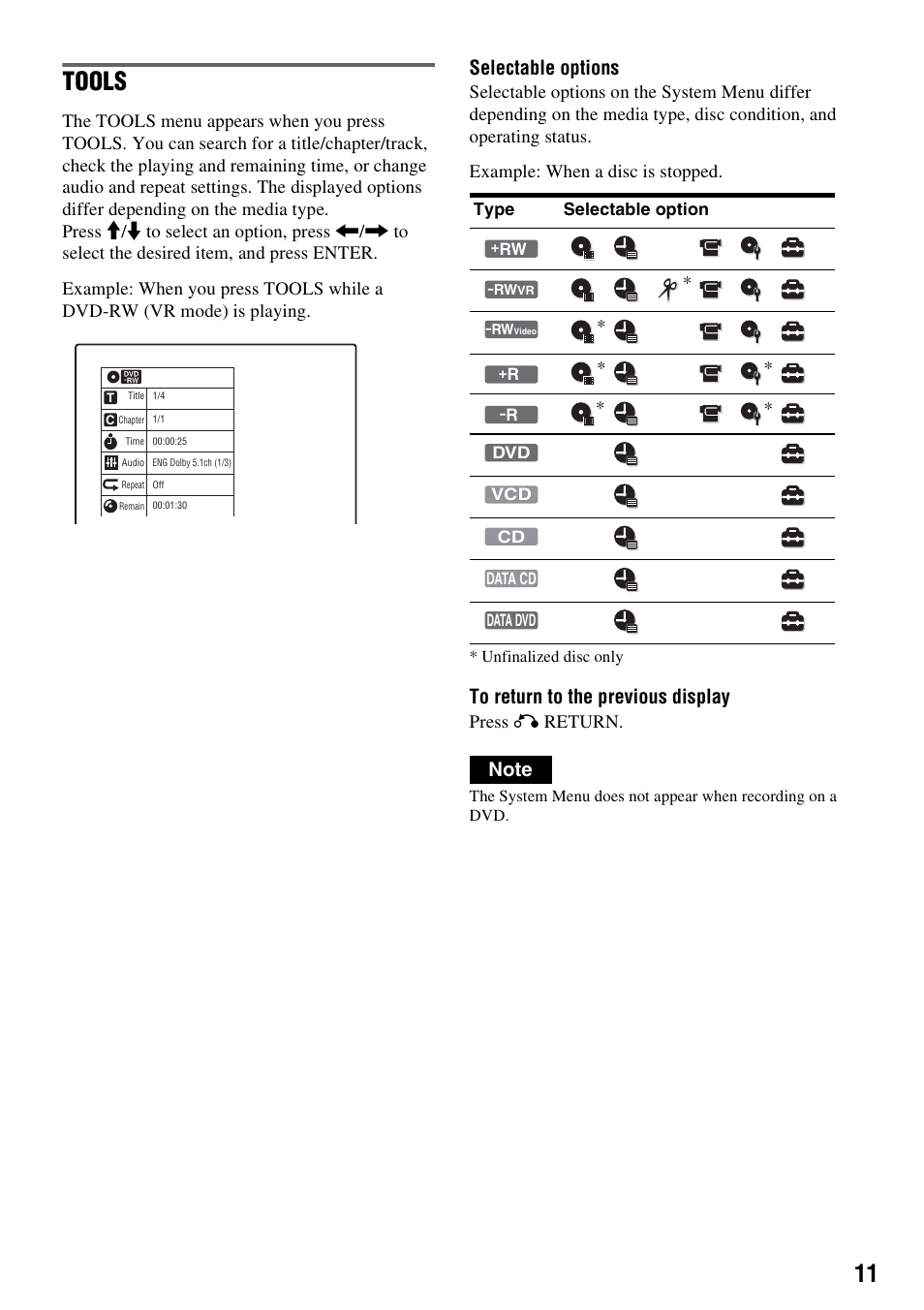 Tools, Selectable options | Sony RDR-GX315 User Manual | Page 11 / 100