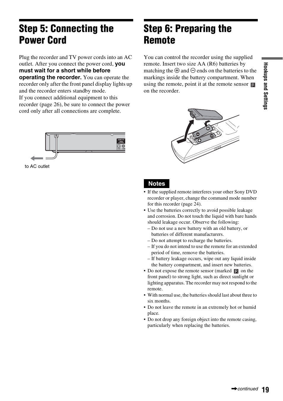 Step 5: connecting the power cord, Step 6: preparing the remote | Sony RDR-GX315 User Manual | Page 19 / 100
