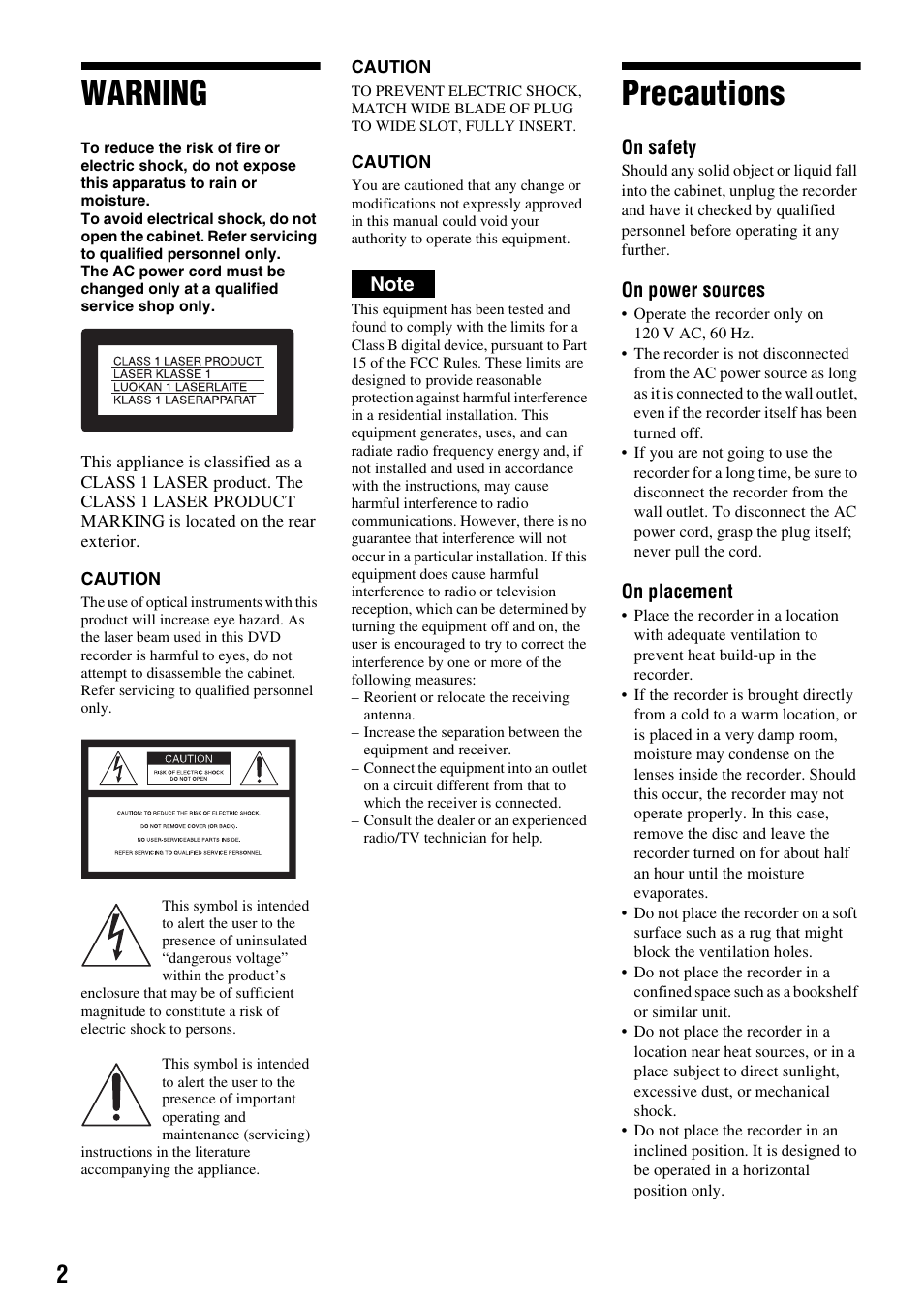 Warning, Precautions | Sony RDR-GX315 User Manual | Page 2 / 100