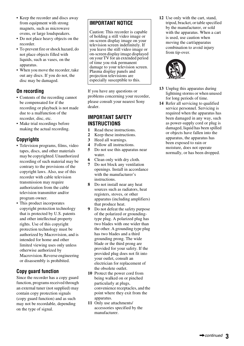 On recording, Copyrights, Copy guard function | Important safety instructions, Important notice | Sony RDR-GX315 User Manual | Page 3 / 100