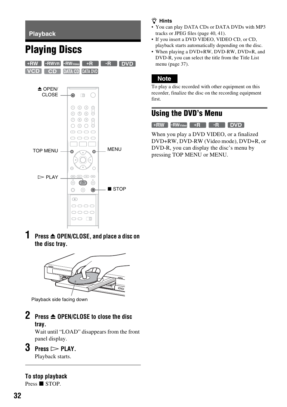 Playback, Playing discs, Playing discs 1 | Using the dvd’s menu | Sony RDR-GX315 User Manual | Page 32 / 100