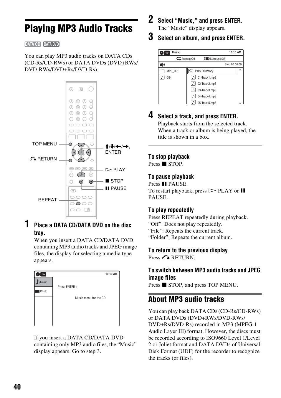 Playing mp3 audio tracks, About mp3 audio tracks | Sony RDR-GX315 User Manual | Page 40 / 100