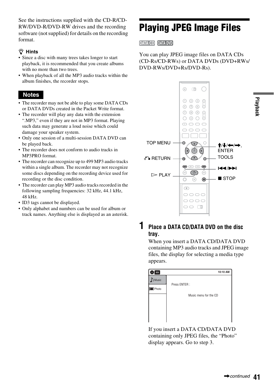 Playing jpeg image files | Sony RDR-GX315 User Manual | Page 41 / 100