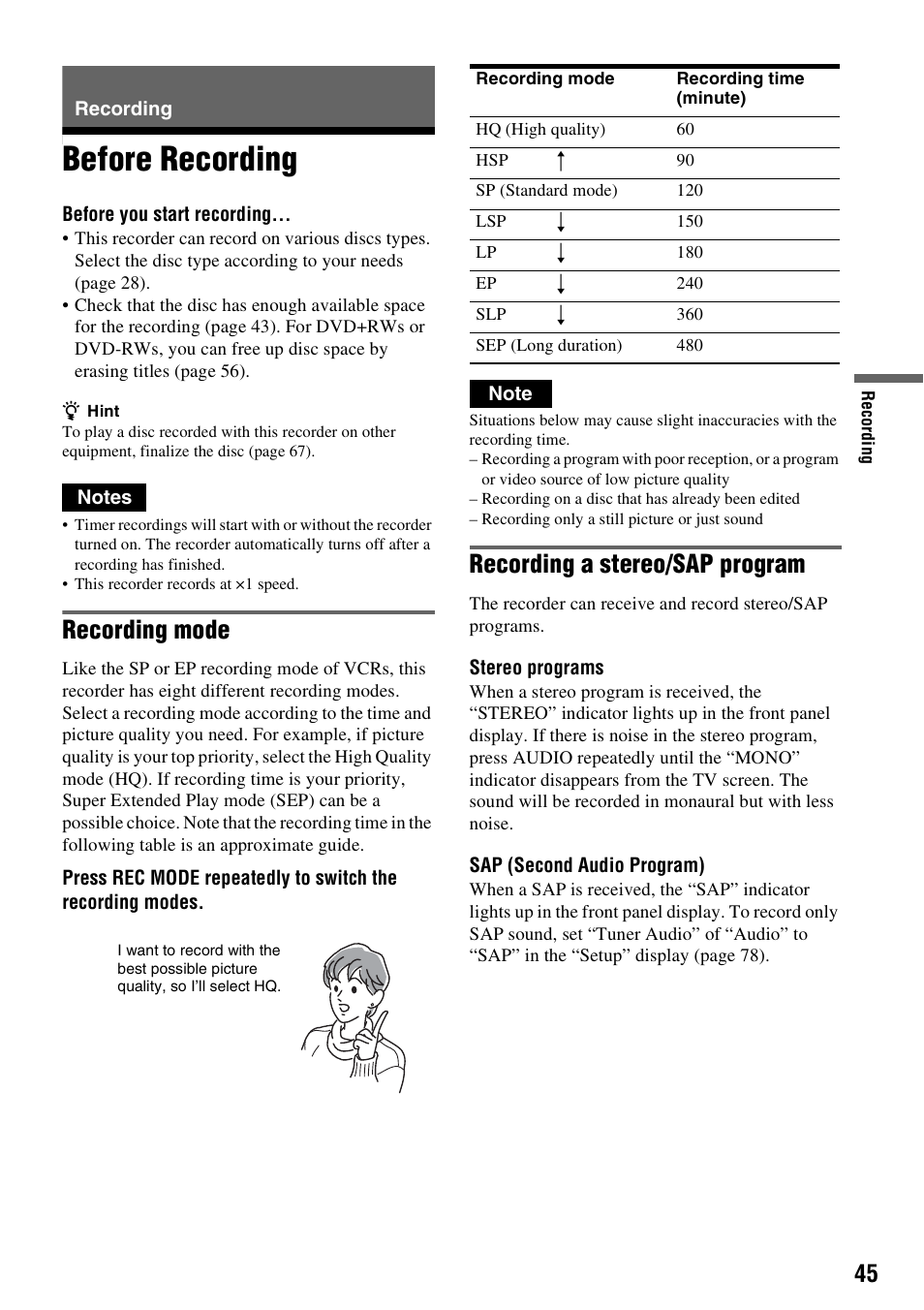 Recording, Before recording, Recording mode | Recording a stereo/sap program | Sony RDR-GX315 User Manual | Page 45 / 100