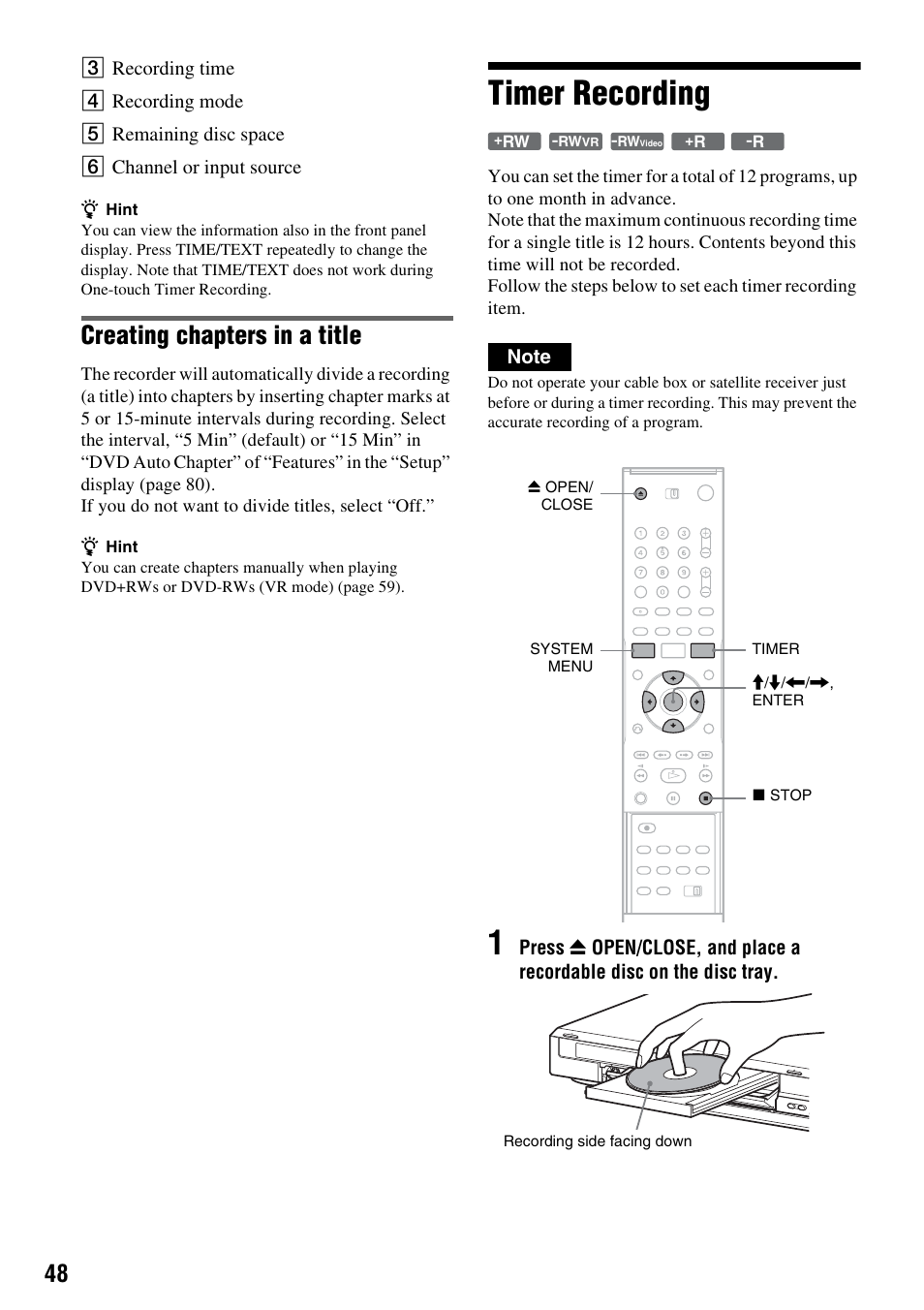 Timer recording, Creating chapters in a title | Sony RDR-GX315 User Manual | Page 48 / 100