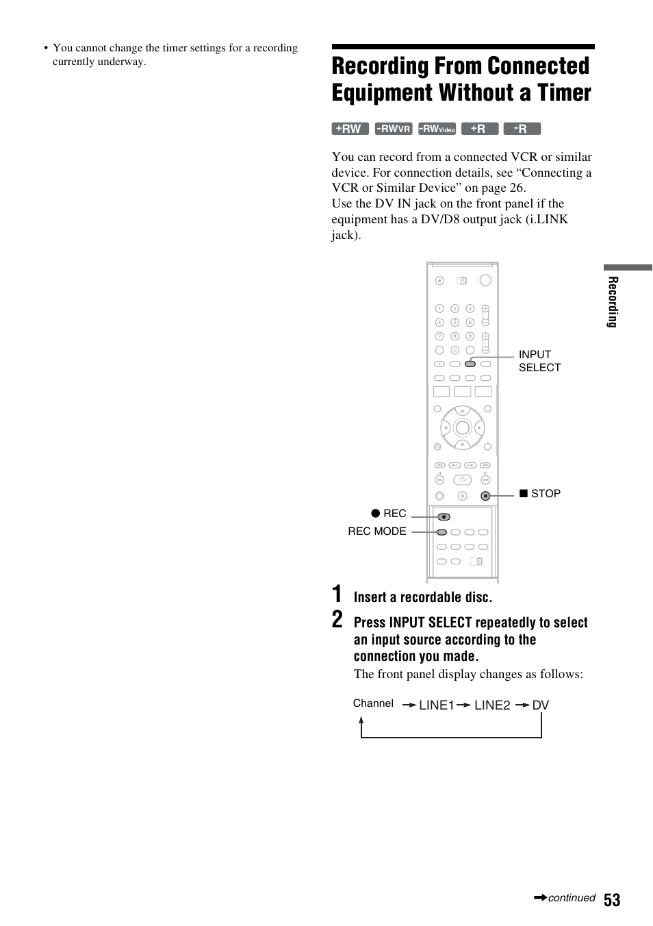 Recording from connected equipment without a timer | Sony RDR-GX315 User Manual | Page 53 / 100