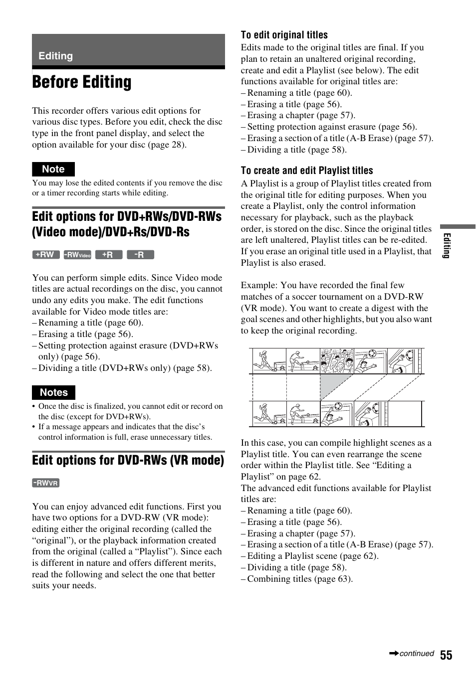 Editing, Before editing, Edit options for dvd-rws (vr mode) | Sony RDR-GX315 User Manual | Page 55 / 100