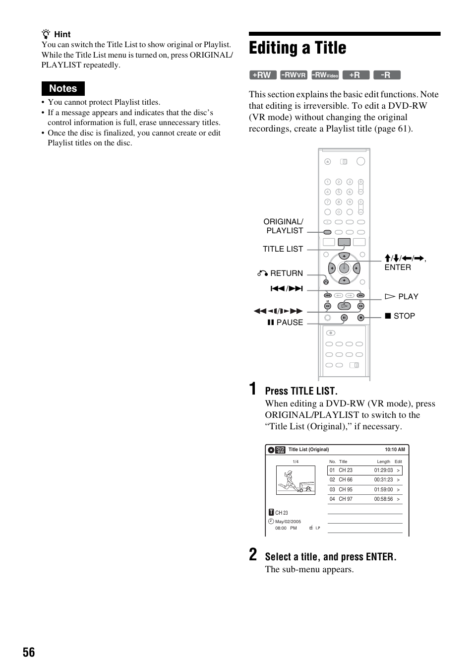 Editing a title, Press title list, Select a title, and press enter | The sub-menu appears | Sony RDR-GX315 User Manual | Page 56 / 100