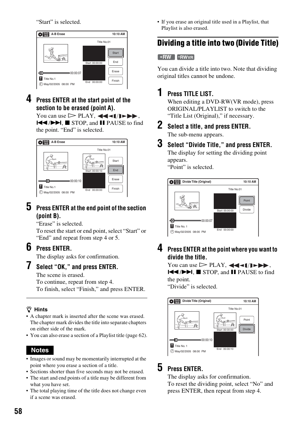 Dividing a title into two (divide title), Press enter, Select “ok,” and press enter | Press title list, Select a title, and press enter, Select “divide title,” and press enter, Start” is selected, The display asks for confirmation, The sub-menu appears | Sony RDR-GX315 User Manual | Page 58 / 100