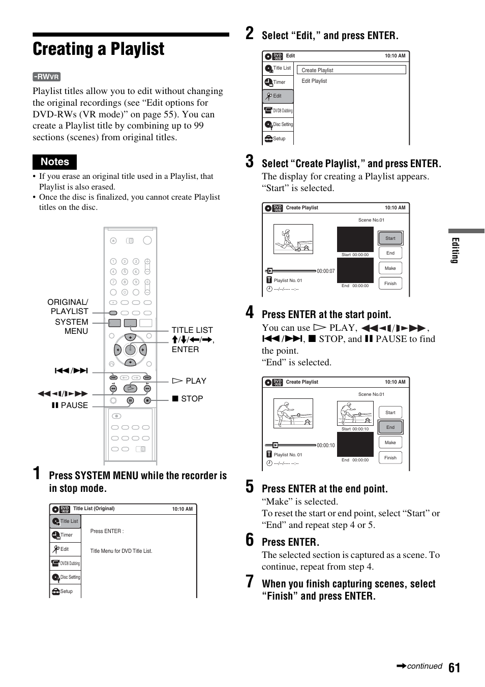 Creating a playlist, Select “edit,” and press enter, Select “create playlist,” and press enter | Press enter at the start point, Press enter at the end point, Press enter | Sony RDR-GX315 User Manual | Page 61 / 100