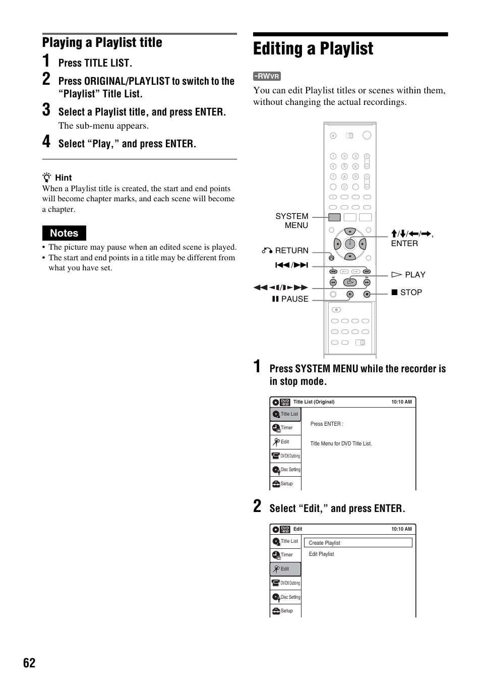 Editing a playlist, Playing a playlist title | Sony RDR-GX315 User Manual | Page 62 / 100