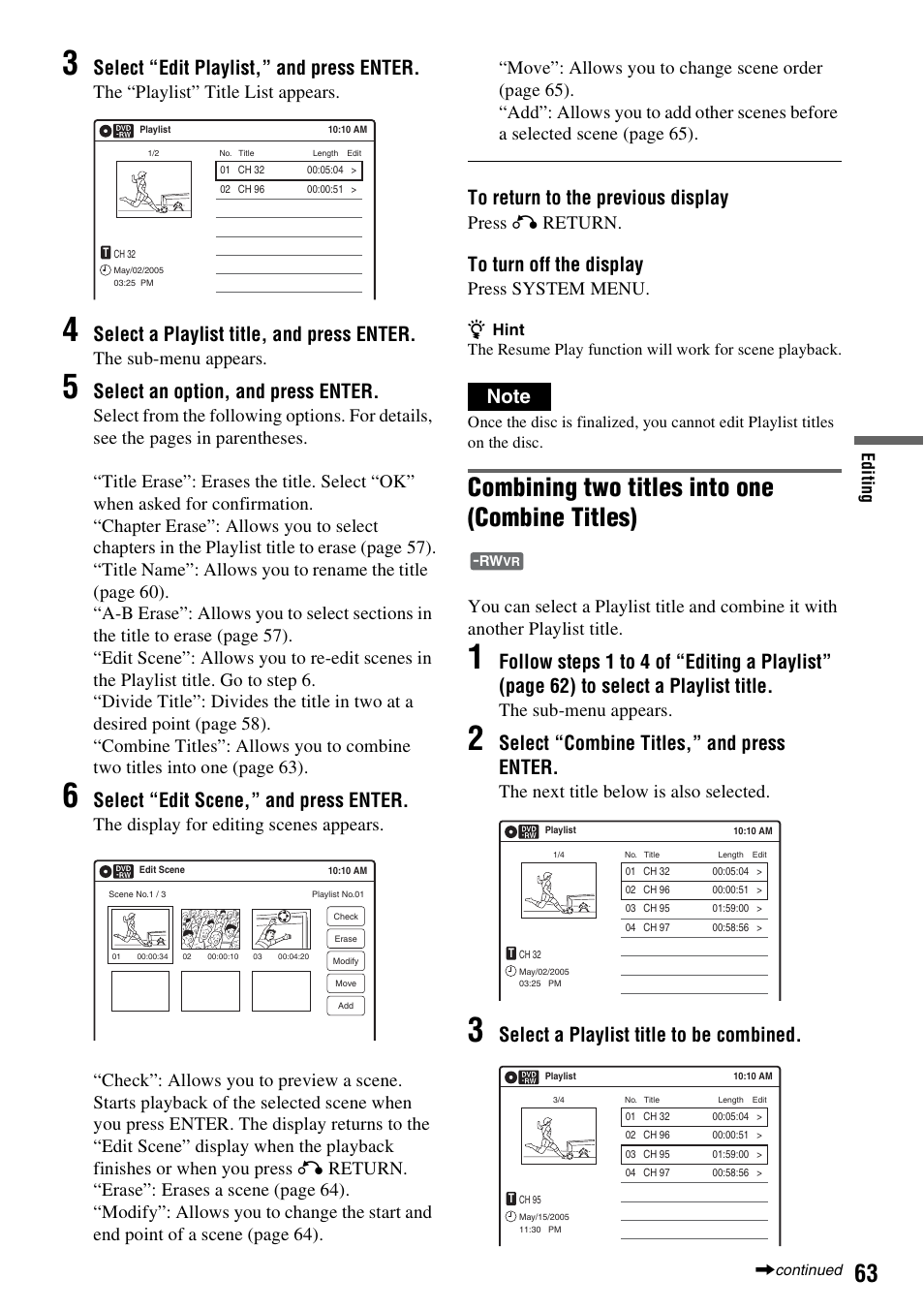 Combining two titles into one (combine titles), Select “edit playlist,” and press enter, Select a playlist title, and press enter | Select an option, and press enter, Select “edit scene,” and press enter, Select “combine titles,” and press enter, Select a playlist title to be combined, The “playlist” title list appears, The sub-menu appears, Press o return | Sony RDR-GX315 User Manual | Page 63 / 100