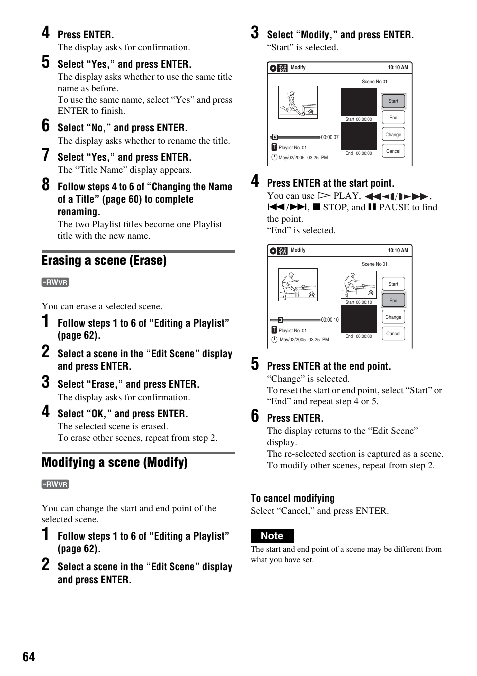 Erasing a scene (erase), Modifying a scene (modify) | Sony RDR-GX315 User Manual | Page 64 / 100