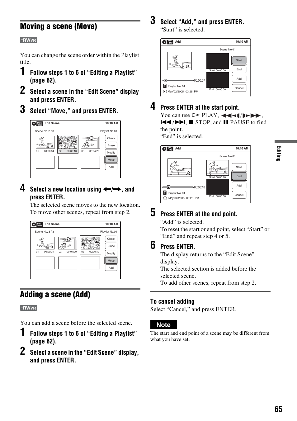 Moving a scene (move), Adding a scene (add), Select “move,” and press enter | Select “add,” and press enter, Press enter at the start point, Press enter at the end point, Press enter, You can add a scene before the selected scene, Start” is selected, Select “cancel,” and press enter | Sony RDR-GX315 User Manual | Page 65 / 100