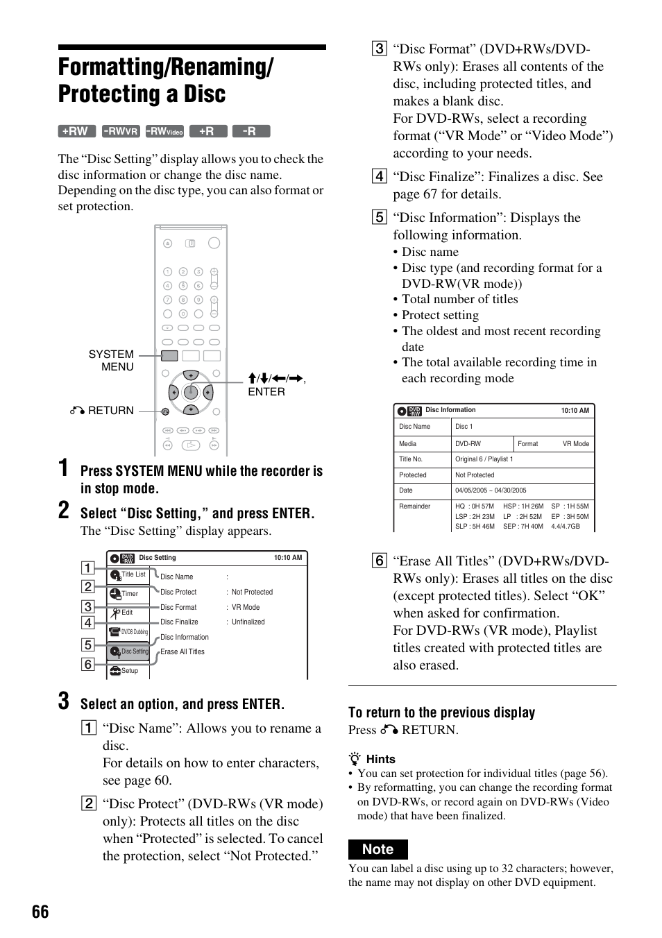 Formatting/renaming/protecting a disc, Formatting/renaming/ protecting a disc, Select “disc setting,” and press enter | The “disc setting” display appears, Press o return | Sony RDR-GX315 User Manual | Page 66 / 100