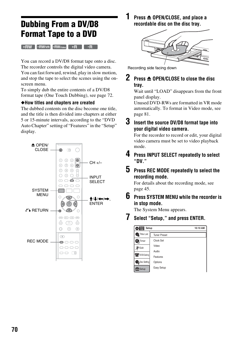 Dubbing from a dv/d8 format tape to a dvd | Sony RDR-GX315 User Manual | Page 70 / 100