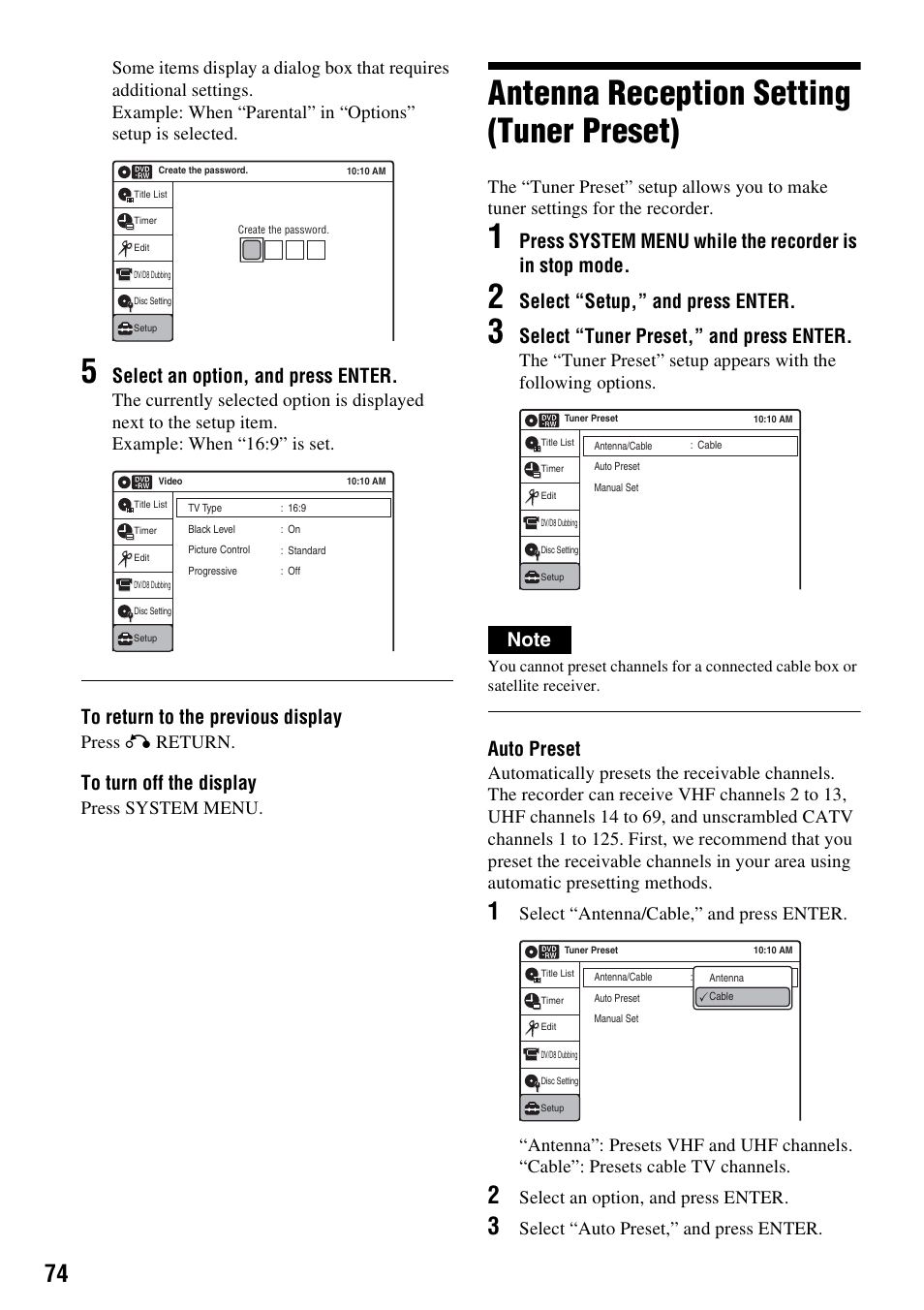 Antenna reception setting (tuner preset), Select an option, and press enter, Select “setup,” and press enter | Select “tuner preset,” and press enter, Auto preset, Press o return, Press system menu, Select “auto preset,” and press enter | Sony RDR-GX315 User Manual | Page 74 / 100