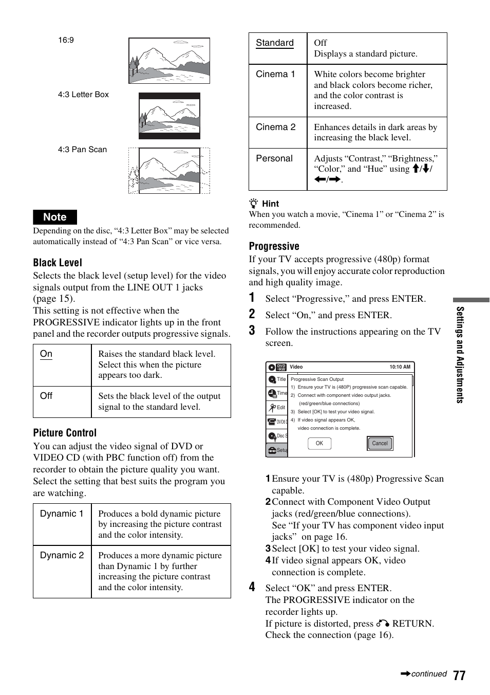 Black level, Page 15), Picture control | Progressive | Sony RDR-GX315 User Manual | Page 77 / 100