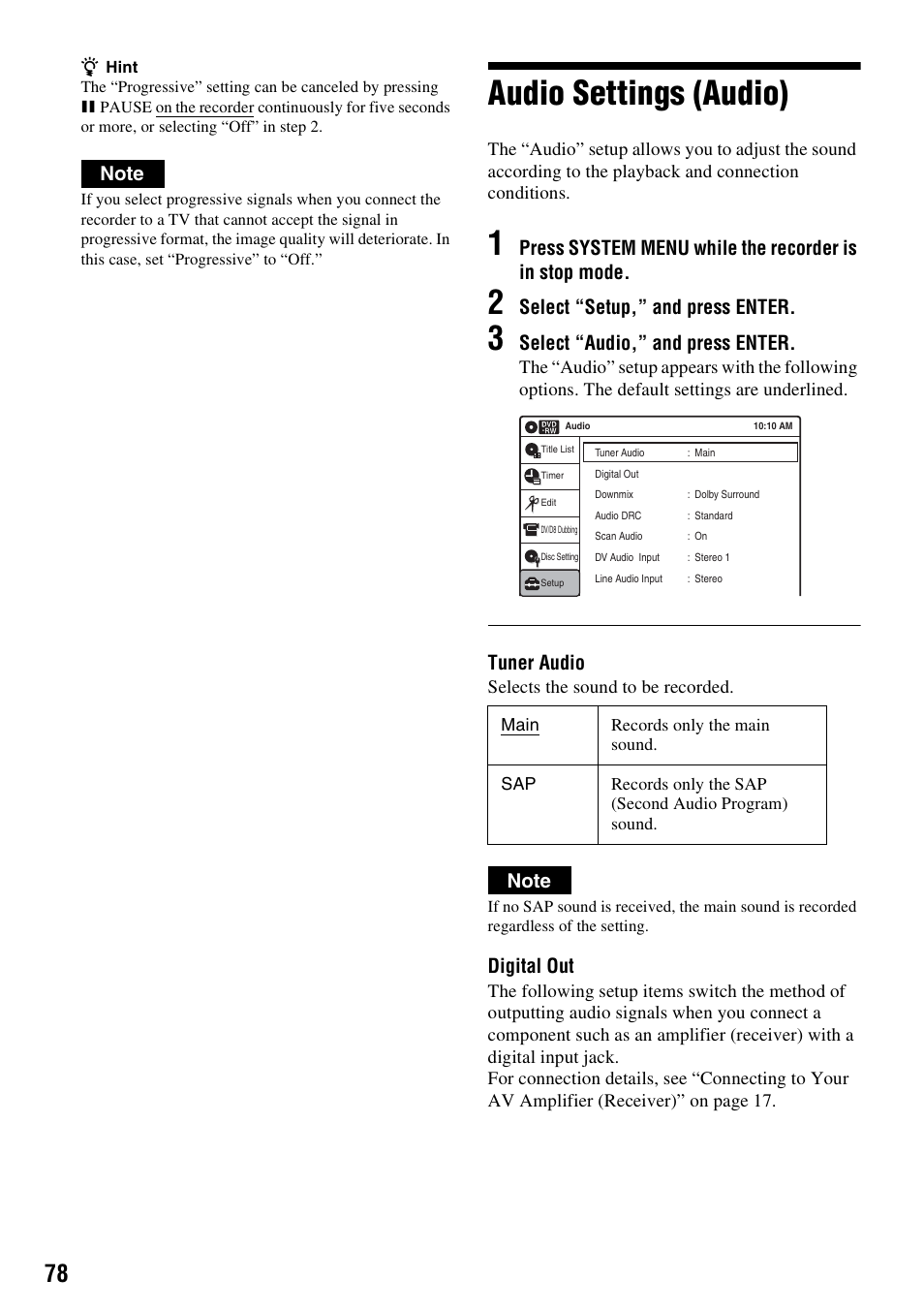 Audio settings (audio), Select “setup,” and press enter, Select “audio,” and press enter | Tuner audio, Digital out | Sony RDR-GX315 User Manual | Page 78 / 100