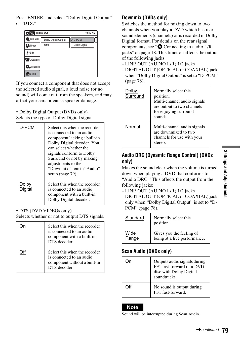 Downmix (dvds only), Audio drc (dynamic range control) (dvds only) | Sony RDR-GX315 User Manual | Page 79 / 100