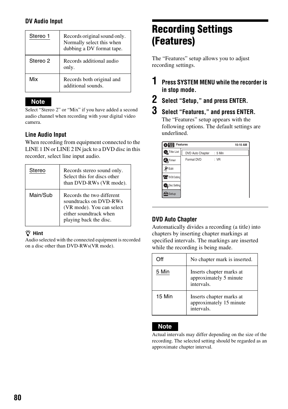 Recording settings (features) | Sony RDR-GX315 User Manual | Page 80 / 100