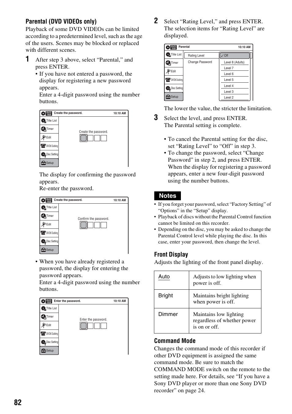 Parental (dvd videos only), Front display, Command mode | Adjusts the lighting of the front panel display | Sony RDR-GX315 User Manual | Page 82 / 100