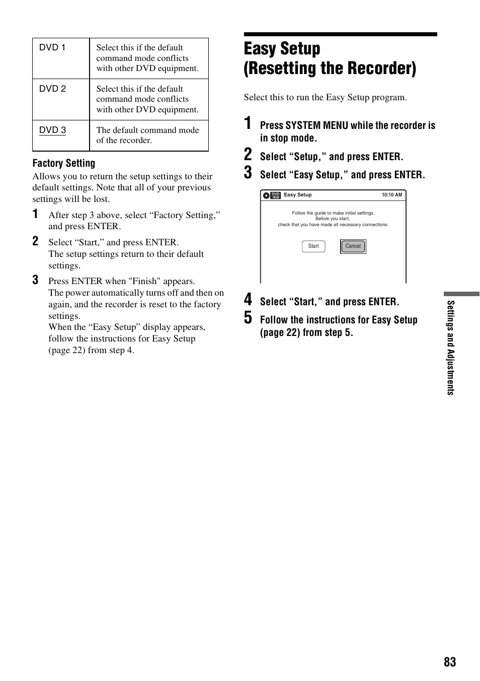 Easy setup (resetting the recorder) | Sony RDR-GX315 User Manual | Page 83 / 100