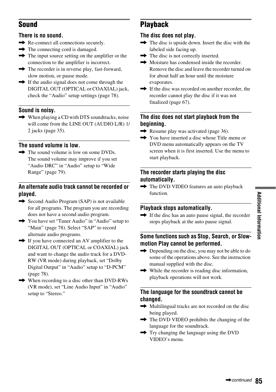 Sound, Playback | Sony RDR-GX315 User Manual | Page 85 / 100