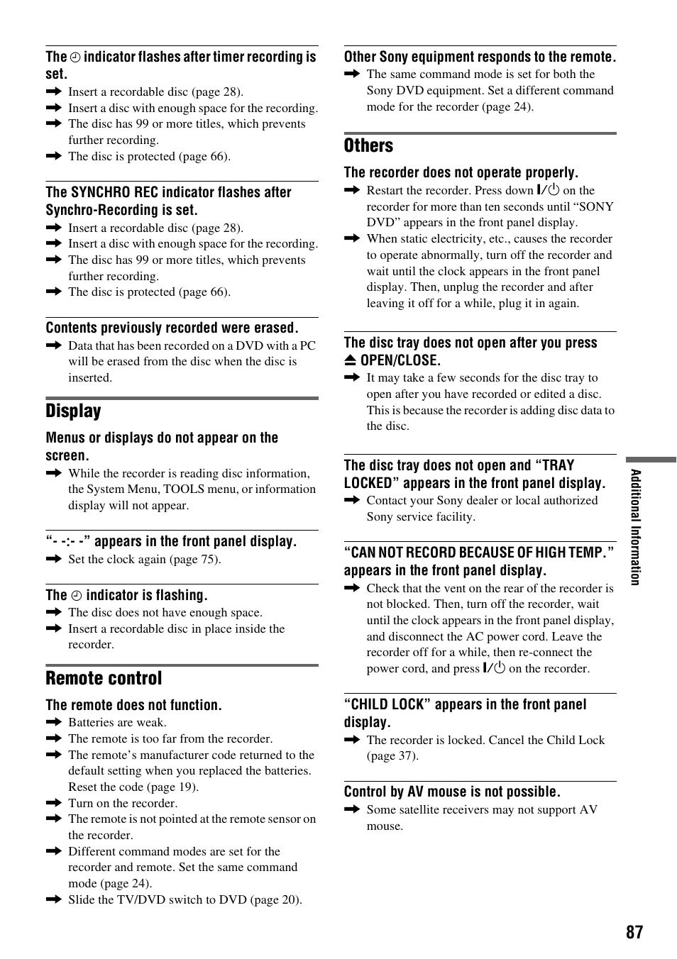 Display, Remote control, Others | Sony RDR-GX315 User Manual | Page 87 / 100