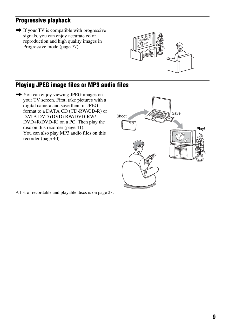 Progressive playback, Playing jpeg image files or mp3 audio files | Sony RDR-GX315 User Manual | Page 9 / 100