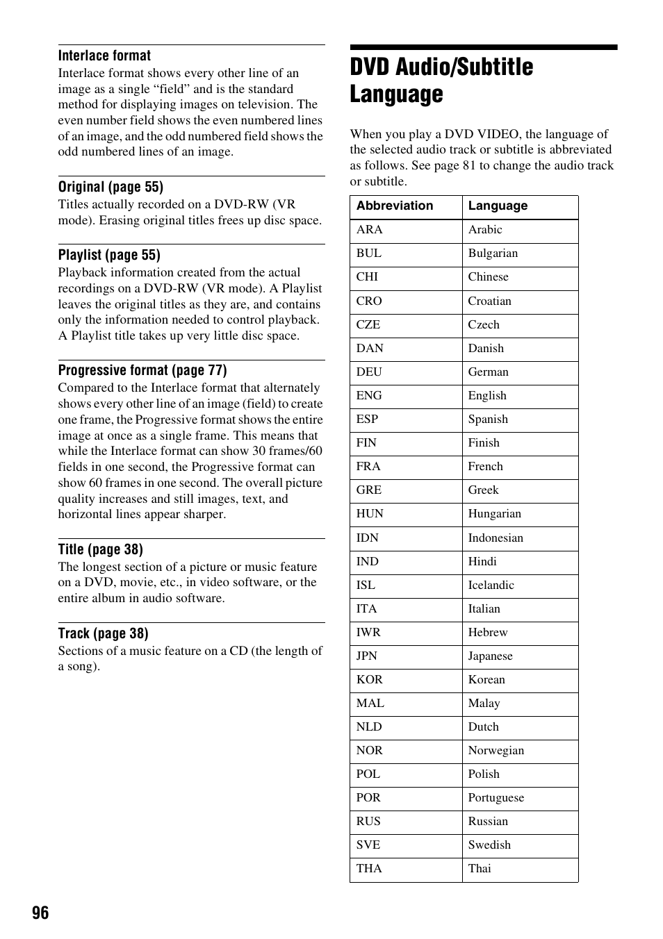 Dvd audio/subtitle language | Sony RDR-GX315 User Manual | Page 96 / 100